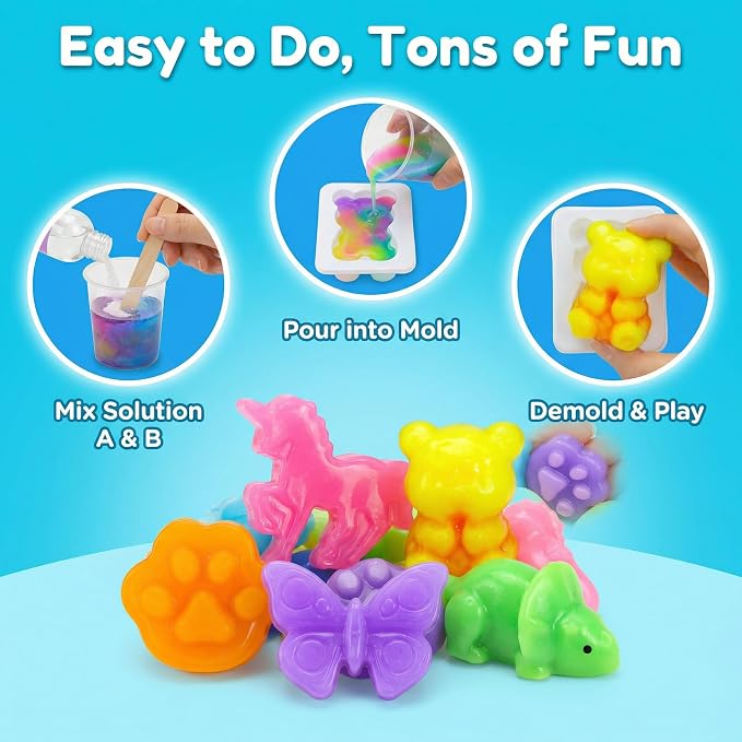 Carolart DIY Squishies Kit for Kids, Fast Curing Non-Sticky Liquid Silicone Rubber, Make Your Own 6 Glow in The Dark Animal Squishy Toys, Arts & Crafts STEM Activity Gift for Boys Girls Ages 6-12