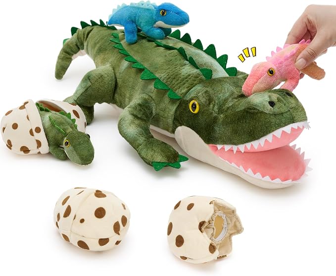 MorisMos Alligator Stuffed Animal with Babies Inside, 23.6'' Talking Mommy Stuffed Alligator Plush with 3 Baby Crocodiles & Eggs, Interactive Soft Crocodile Toys for Kid 3-5 Birthday Baby Shower