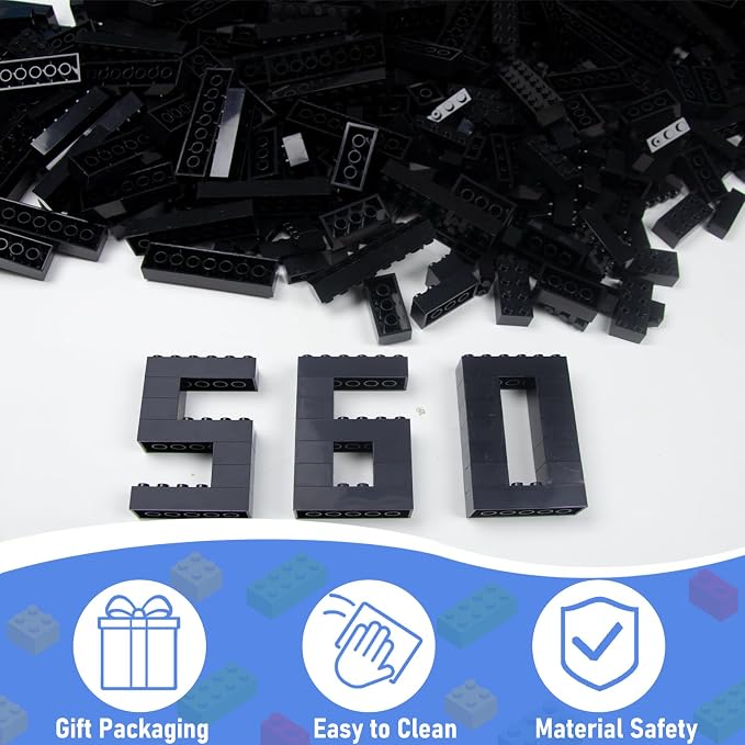 Cabeeskii 560 Pieces Black Classic Building Blocks Bulk with 2 Base Plates, Building Bricks in 7 Size, Compatible with All Major Bricks, for Kids & MOC Lovers