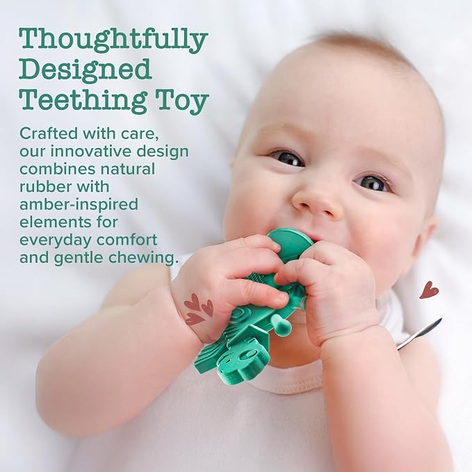 Bambeado Dibly Baby Teething Toy - Made with Natural Rubber & Amber Elements - Easy to Hold, Simple to Clean - Cute Dinosaur Teether Toy - Alternative to Amber Teething Necklace Green