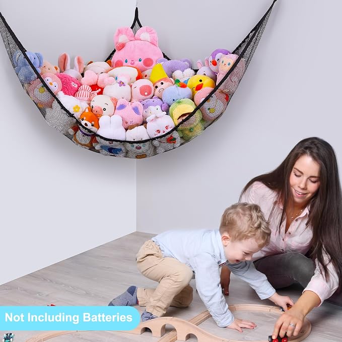 Unicorn Castle Stuffed Animals Net or Hammock Kids Toy Storage Organizer with LED Light Hanging Corner Stuffed Animals Holder Kids Girls Room Decor,Black,XLarge (Pack of 1)