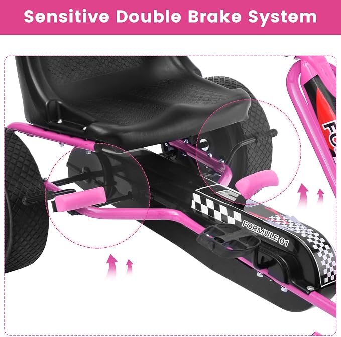 Costzon Go Kart for Kids, 4 Wheel Off-Road Pedal Go Cart w/Adjustable Seat, Steering Wheel, 2 Safety Brakes, EVA Rubber Tires, Ride-On Toys, Outdoor Racer Pedal Car(Pink, 40" L x 24''W x 24.5''H)