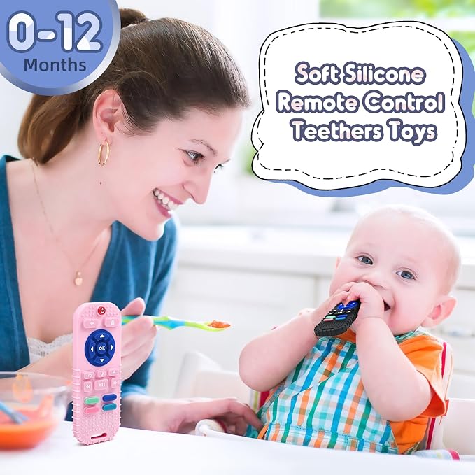 Teething Relief Teether Toys for Babies 3 6 9 12 Month Gifts, Silicone Sensory Remote Control Baby Chew Toy for Newborn Infant Autism Boy Girl Birthday or Easter, Pink & Black