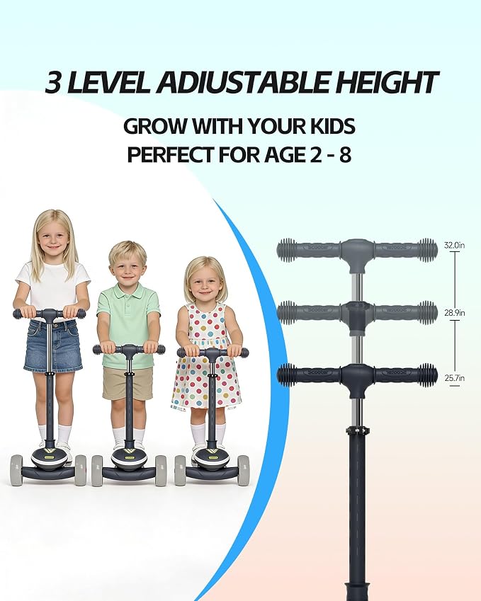 Toddler Scooter Ages 2-5, 3 Wheel Kids Scooter with Lean-to-Steer, Adjustable Handlebar, Anti-Slip Deck, Light-Up Wheels, Foldable First Scooter for Boys and Girls
