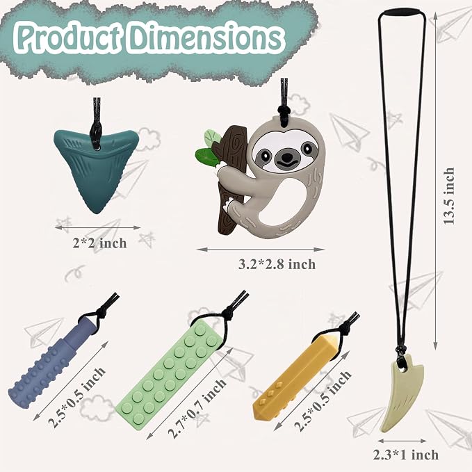 Chew Necklaces for Sensory Kids 6 PCS, Chewy Necklaces Sensory Toys for Boys Girls Children with Autism, ADHD, Anxiety, Oral Motor Stimulation, Silicone Teething Necklace BPA Free