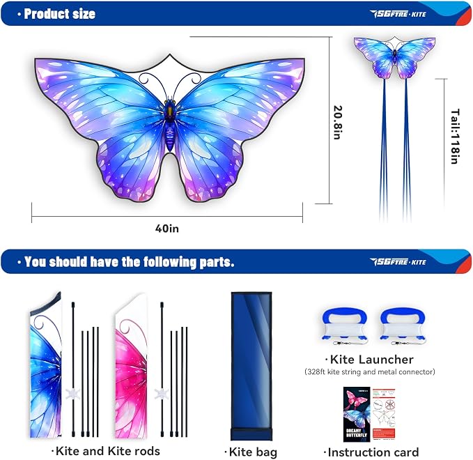 SGftre 3 Piece Set Butterfly Delta Octopus Kites for Kids and Adults，Easy to Fly for Outdoor Adults Children Line Kite for Kids Toy (Pink +Blue Dreamy Butterfly, 2)