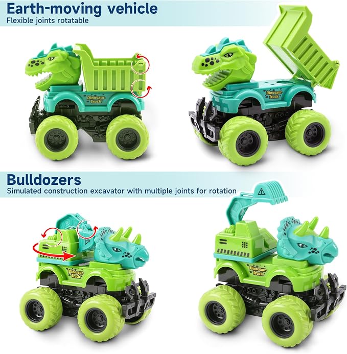 Dinosaur Monster Truck Toys for 3 4 5 Year Old Boys, 2 Pack with 6 Mini Dinosaur Figures, Monster Trucks for Boys Ages 3-4-5-7, Toys for Kids 3-5 Years Birthday /Christmas