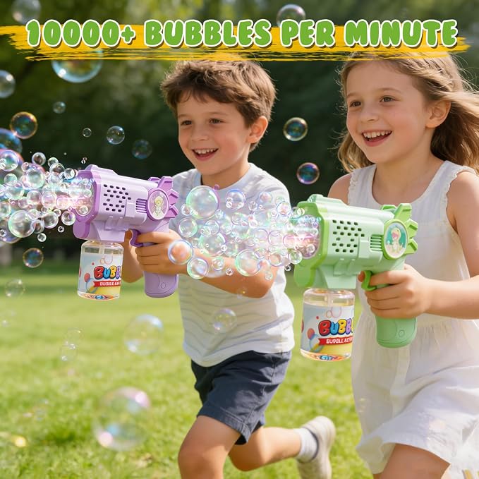 EagleStone Bubble Guns Bubble Machine for Toddlers, 10,000 Bubbles/Min Automatic Bubble Blower with Lights, 4 Pre-Filled Solutions, Light Up Bubble Blaster Outdoor Easter Birthday Gifts for Boys Girls