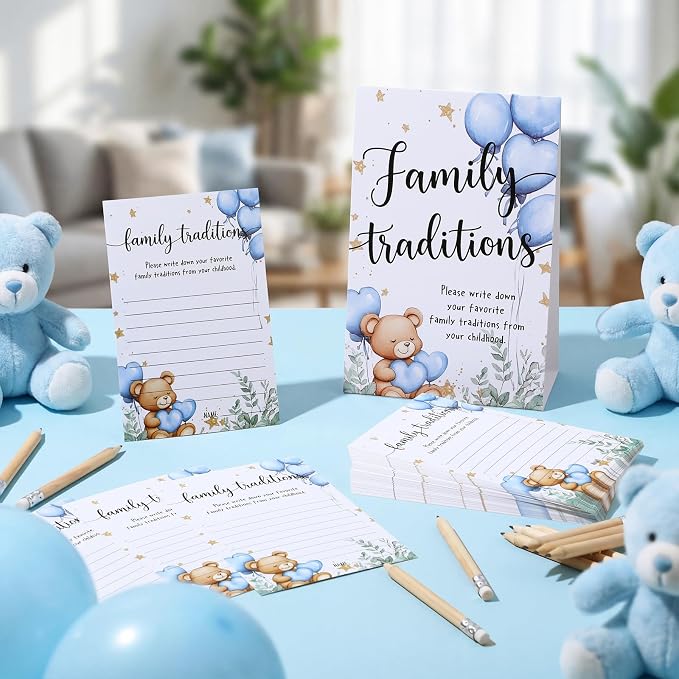Fumete 61 Pieces Family Tradition Baby Shower Games Include 1 Family Traditions Standing Sign and 50 Activities Cards with 10 Pencils for Gender Reveal Bridal Shower Wedding(Blue,Bear)
