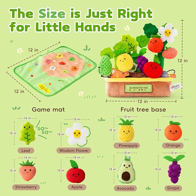 Baby Toys 6-12 Months - My First Fruits Color Shape Sorting Montessori Toys - 6 Month Old Toys Montessori Sensory Toy Carrot Flower with Rattles Mirror Squeaker Textures Crinkle Tissues
