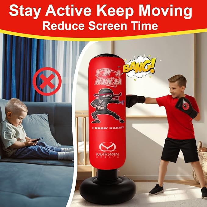 Marwan Sports Ninja Kids Punching Bag — Inflatable Sensory Toy & Birthday Gift for Boys & Girls Ages 4-12, 63" Freestanding 5-in-1 Kit, Indoor Apartment-Quiet Sensory-Friendly Active Play