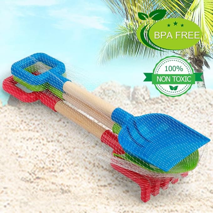 Dilabnba 16'' Kids Beach Shovels Sand Spades Toys Garden Tools, Wood Handle ABS Plastic Spade Rake Scoop for Digging Sandbox Gardening Snow Backyard Summer Outdoor Toy 3-Pack, Blue/Green/Red