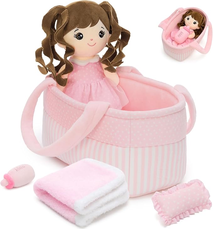 MaoGoLan 6Pcs Pink Baby Doll Set, 11'' Baby Doll Accessories, Soft Plush Doll with Portable Bassinet, Blanket, Bottle & Clothes, Pretend Play Set, Ideal Valentine Christmas Birthday Gift for Girls