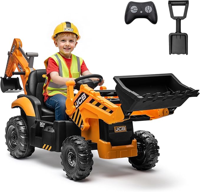 24V JCB Ride On Excavator for Kids, 3-in-1 Ride On Backhoe Digger with Front Loader & Rear Arm, Remote Control, Slow Start/Stop, Adjustable Speeds, Electric Construction Vehicle Toy for Ages 3–8
