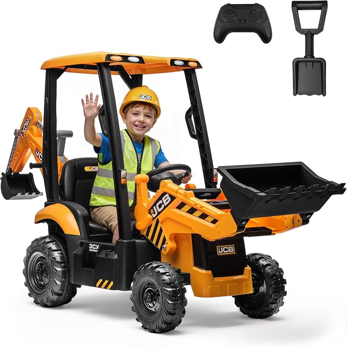 12V JCB Ride On Excavator with Remote Control, Kids Ride On Car 3–8, Front Loader & Backhoe Digging Arm, Tractor & Bulldozer Modes, Slow Start, Adjustable Speeds, Engine Start Sound (Yellow)