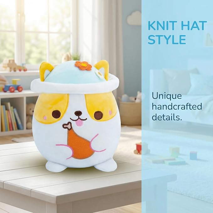 AIXINI Animal Plush Toys Set - Panda, Brown Bear, Bunny, Corgi, Pink Cat with Cute Hats, Soft Stuffed Animals for Kids, Christmas Birthday Gifts (Corgi, Medium Size)