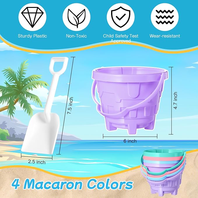 Lunmon 72 Pcs Beach Toys for Kids 24 Set Sand Buckets Shovels Bulk Pastel Beach Balls Inflatable Sand Toys for Girls Boys Toddlers Games Birthday Summer Pool Party Favor (Macaron, Castle)