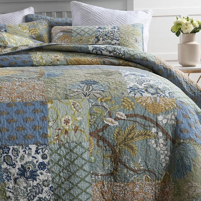 Cotton Bedspread Quilt Bedding Sets Reversible Coverlet Sets Comforters Rustic Paisley Floral Patchwork Sage Green Bedspread, Queen Size