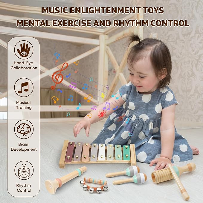 LeeQee Montessori Toys for Boys and Girls - Wooden Toys Baby Musical Instruments, Neutral Colors Percussion Instruments Set with Modern Boho Xylophone for Toddlers 3+ Music Education