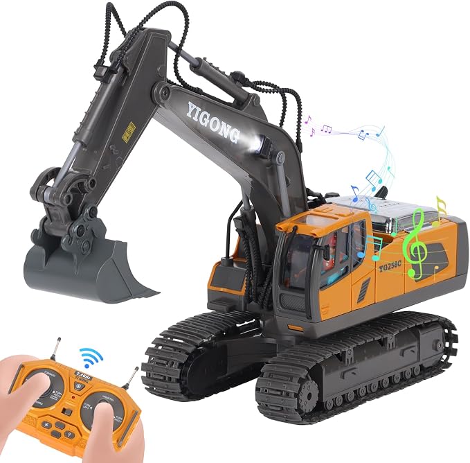 HuiJuKeJi 11-Channel Remote Control Excavator Toy, Rechargeable 2.4 GHz RC Construction Vehicle for Kids, 680° Rotation | Metal Shovel | Lights & Sounds, for Boys Ages 6-12