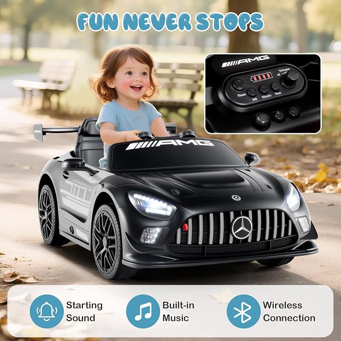 Costzon Ride on Car, 12V Licensed Mercedes-AMG GT3 Kids Car with Remote Control, 3 Speeds, LED Lights, Music, Wireless, Transport Wheels & Soft Start, Electric Vehicle for Toddlers Aged 3+ (Black)