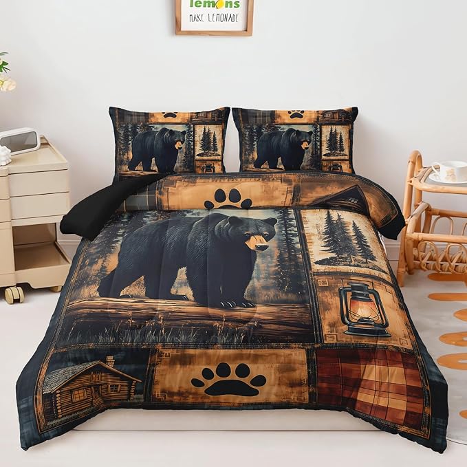 AILONEN Black Bear Comforter Set Twin Size,Rustic Bear Bedding Set for Kids Boys Girls,3-Piece Wildlife Themed Hunting Comforter with 2 Pillowcases