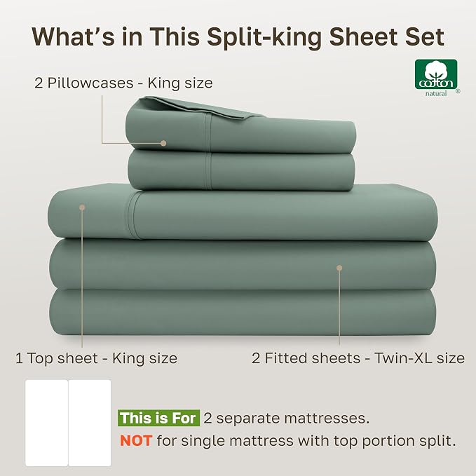California Design Den Soft 100% Cotton Bed Sheets Split King Set, 400 TC Good Housekeeping Award Winner, Silky Sateen Weave with Deep Pockets, Long Staple Cotton Split King Bed Sheet Set - Sage Green