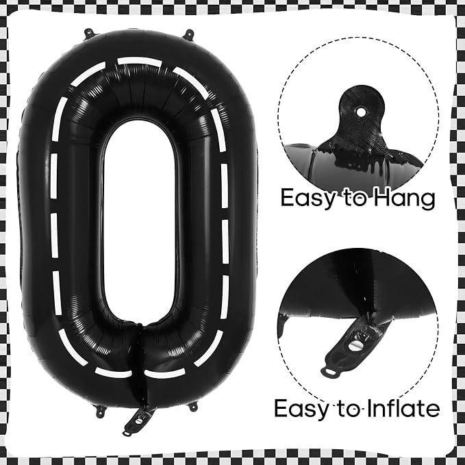 Race Car Birthday Balloons, Racetrack Number 0 Balloon, 40 Inch Large Foil Black 0 Balloon for Birthday Race Car Themed Party Decoration