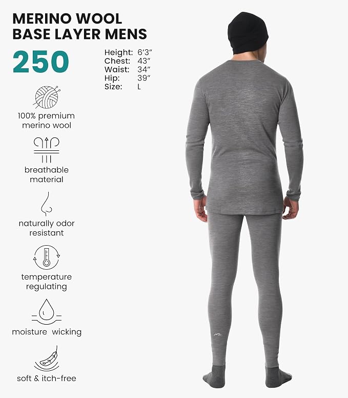 Merino.tech Merino Wool Base Layer Mens Set - Heavyweight, Midweight, Lite Merino Wool Thermal Underwear For Men Top, Bottom
