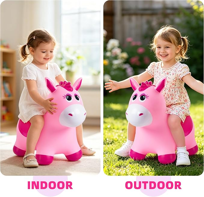 Bouncy Animals Horse for Toddlers, Hopping Toys Jumping Horse Hopper, Ride on Toys Indoor Outdoor Inflatable Birthday Gifts for Boys Girls 18 Months 2 3 4 5 6 Year Old, Pink