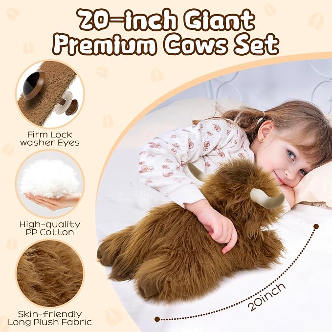 MorisMos Highland Cow Stuffed Animal with Baby Inside Belly,20'' Mommy Brown Highland Cow Gift for Kid Girl Boy Hyland Cow Pillow, Cute Farm/Wildlife Stuffed Animals for Birthday Party Decor