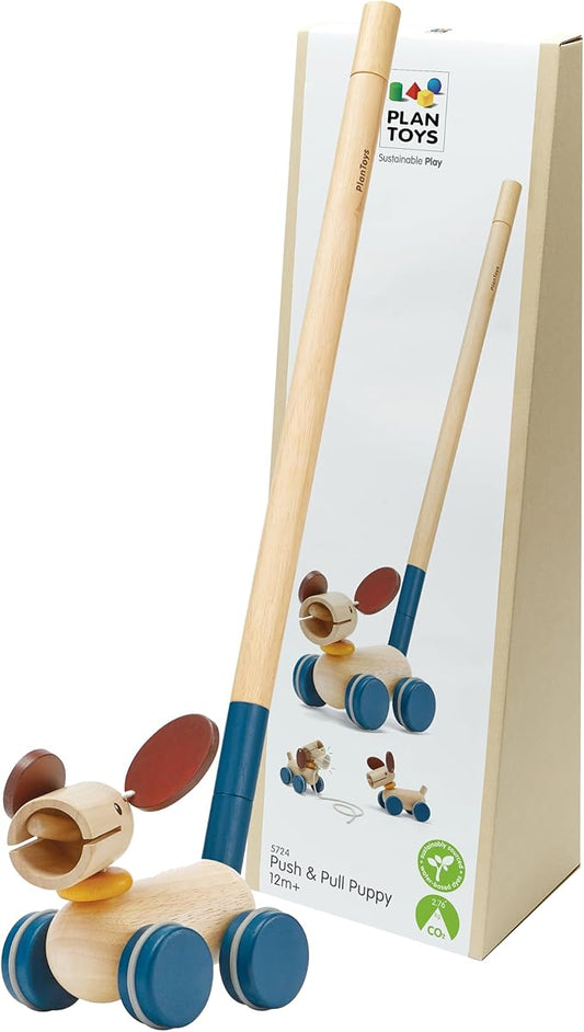 PlanToys® Puppy Wooden Push & Pull Toy | Montessori Inspired Walking Toy for Balance, Coordination & Active Play | Eco Friendly Toddler Movement Activity