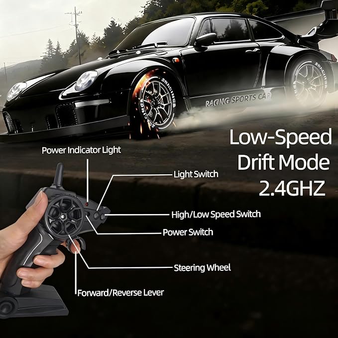 1:24 Scale RC Drift Car with LED Lights, 25km/h 4WD High Speed, Dual Batteries 50+ Min Play, 2.4GHz Remote Control, Multi-Surface Drift Tires, Racing Toy Vehicle for Adults Boys Girls, Storm Drive