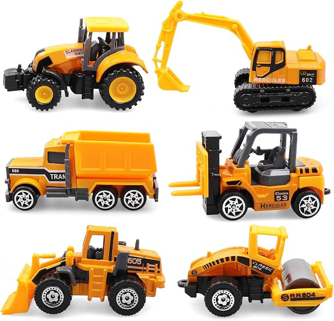6 Pack Diecast Construction Vehicle Toys – Mini Construction Truck Set with Excavator, Dump Truck, Bulldozer & Mixer for Boys Girls Ages 3+, Birthday Party Favors & Goodie Bag Stuffers
