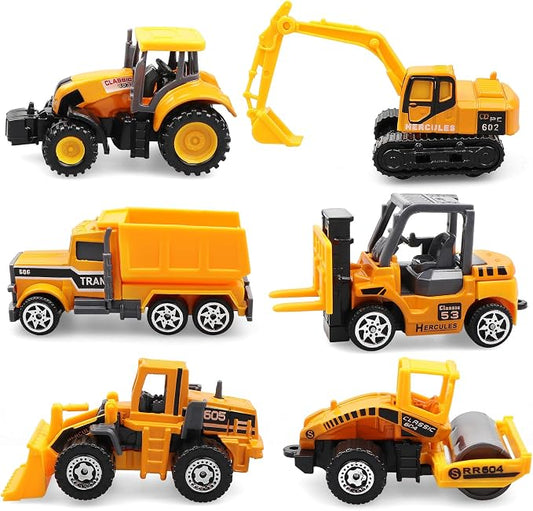 6 Pack Diecast Construction Vehicle Toys – Mini Construction Truck Set with Excavator, Dump Truck, Bulldozer & Mixer for Boys Girls Ages 3+, Birthday Party Favors & Goodie Bag Stuffers