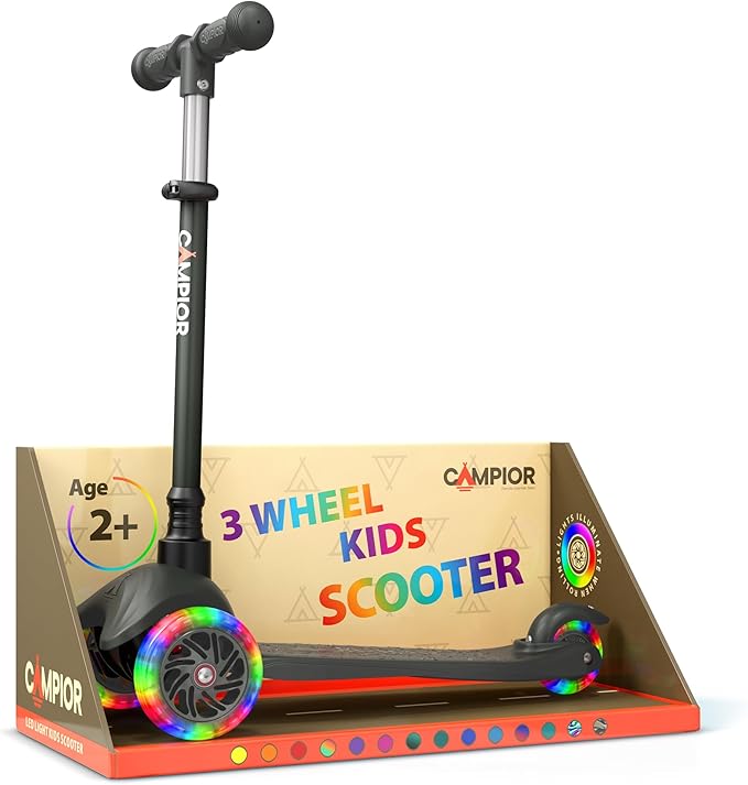 Black Mini 3 Wheel Scooter for Kids – Lean-to-Steer with LED Light-Up Wheels, Adjustable Handlebar, Wide Anti-Slip Deck, Smooth PU Wheels, Rear Foot Brake – Toddler Scooter for Ages 2+