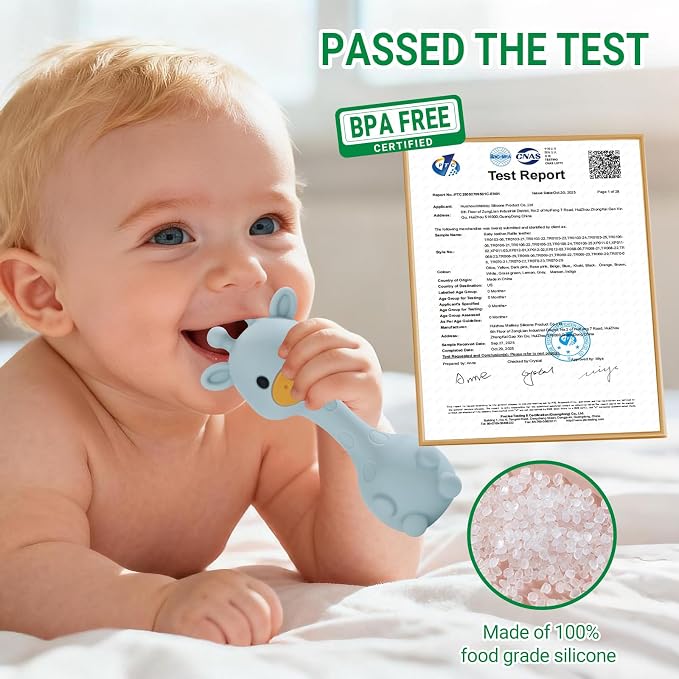 Giraffe Silicone Baby Teether Rattle Toy for 0-6 6-12 Months, BPA-Free Infant Teething Toy with Rattle Sound, Easy-Grip Design for Teething Relief (Dusty Blue)