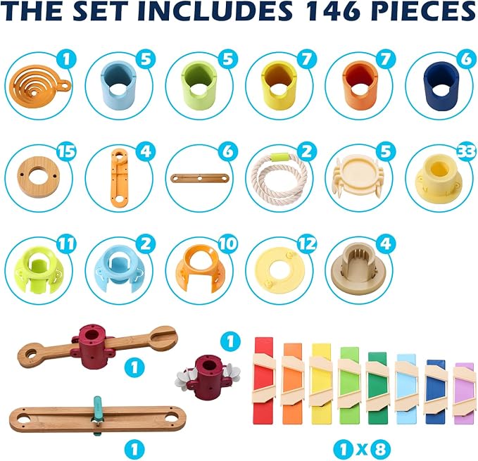 146pcs Bamboo Marble Runs Building Construction Toy Set with Musical Ball, Simple Maze for Children Age 3+