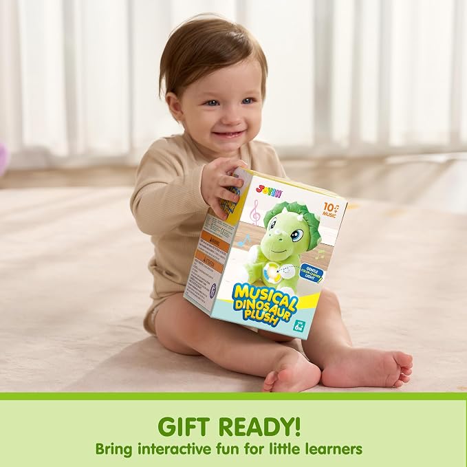 JOYIN Musical Dinosuar Plush Baby Toy, Stuffed Animal with Music & Light, Baby Musical Soft Plush Toys for Infant Babies, Easter Birthday Gifts for Boys and Girls 6+ Months
