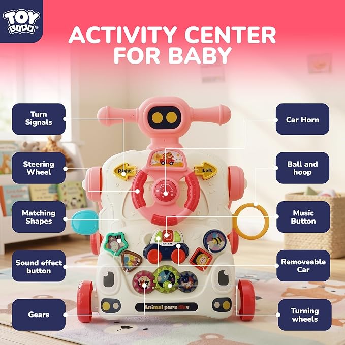 TOY Life Baby Push Walker, Activity Center Baby Girl Walker Toy with Steering Wheels, Sit to Stand Learning Walker Baby Toys 6-12 Months, Walking Toys for 1 Year Old Girl Boy Toddler