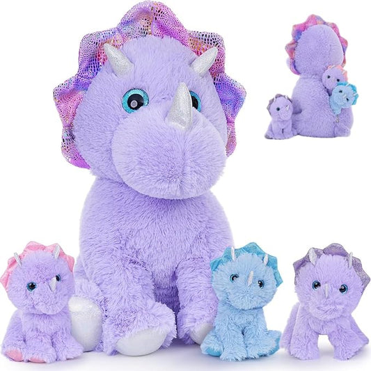 MaoGoLan Purple Triceratops Stuffed Animal, 21" Mommy Stuffed Dinosaur with 3 Babies, Soft Triceratops Plush Toy, Huggable Dinosaur Family for Room Decor, Christmas Birthday Gifts for Kids Boys Girls