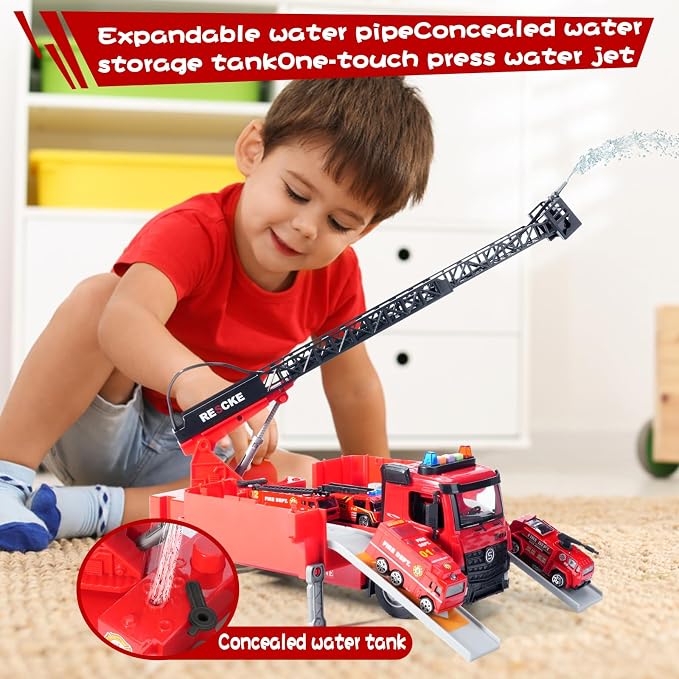 Toy Fire Truck Toddler Rescue Firetruck - Fire Engine Toy with Water Pump STEM Education Lights & Sounds Transformer Ejector Truck Car Race Track Kids Ages 3-5 6 7 8 Year Old Christmas Birthday Gift