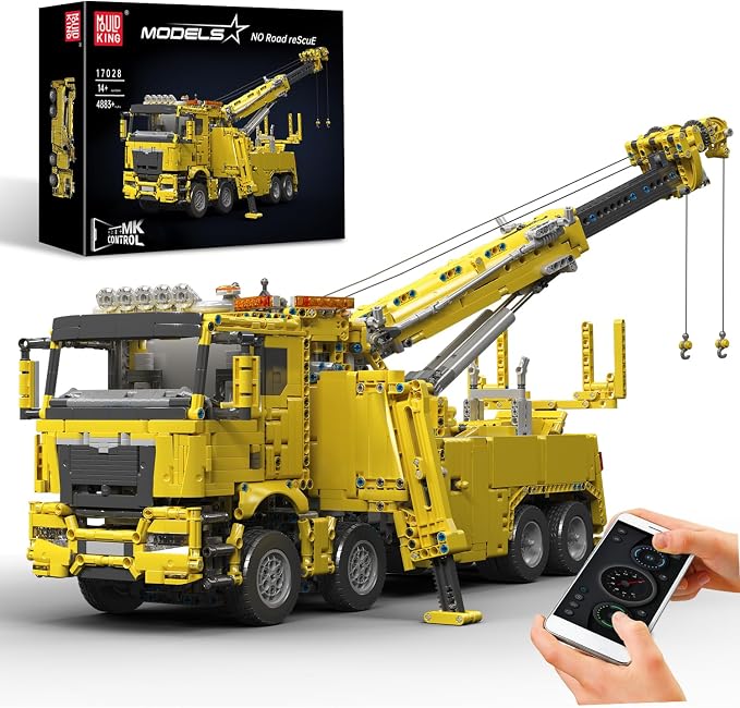 Mould King 17028 Road Rescue Crane Truck Building Blocks, APP & Remote Control Motorized Engineering Tow Truck, 4883 PCS Large Construction Vehicle Model, Advanced Mechanical Building Kit for Adults