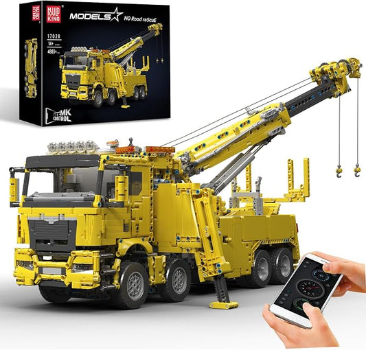 Mould King 17028 Road Rescue Crane Truck Building Blocks, APP & Remote Control Motorized Engineering Tow Truck, 4883 PCS Large Construction Vehicle Model, Advanced Mechanical Building Kit for Adults