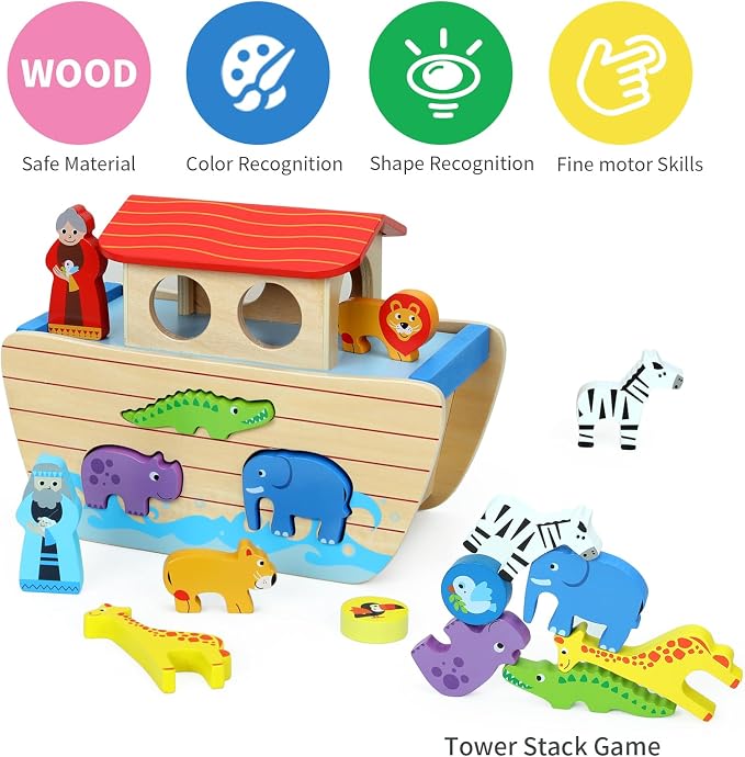 Wooden Noah's Ark Toy Animal Playset for Toddlers, Shape Sorter Early Learning Montessori Toys, Baptism Gifts for 1 2 3 Year Old Boys Girls