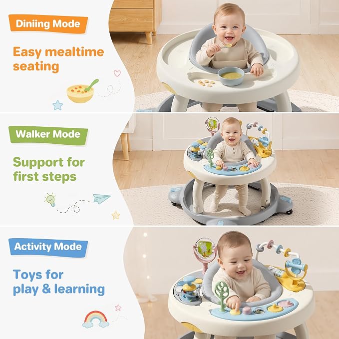 Baby Walker with Wheels, Foldable Baby Walker for Baby 6-12 Months, 3-Position Rotating Seat with Interactive Activity Center, Music Buttons, Baby Walkers for Boys Girls(Blue)
