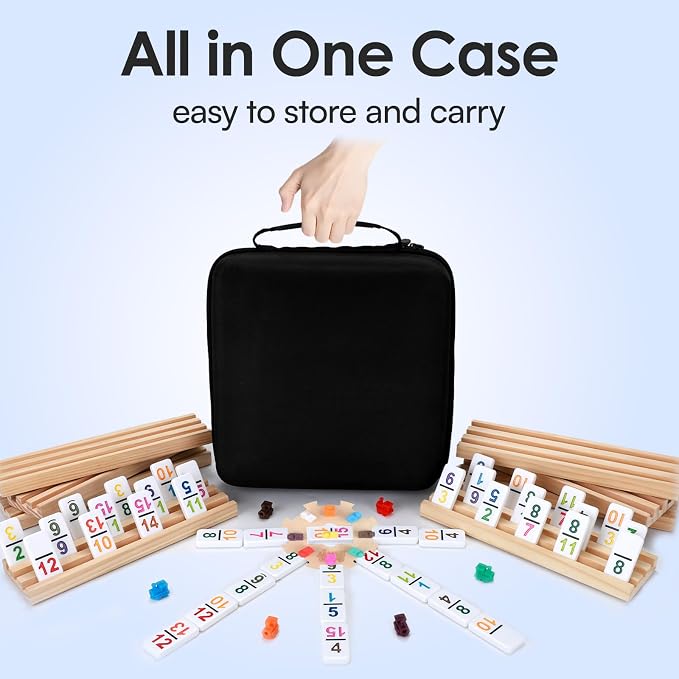 Mexican Train Dominoes Set Double 15 Number Domino Tiles, 136 Colorful Number Dominos Tiles with 8 Wooden Racks, Hub & Trains, Portable Domino Game Set for Adults Kids Families