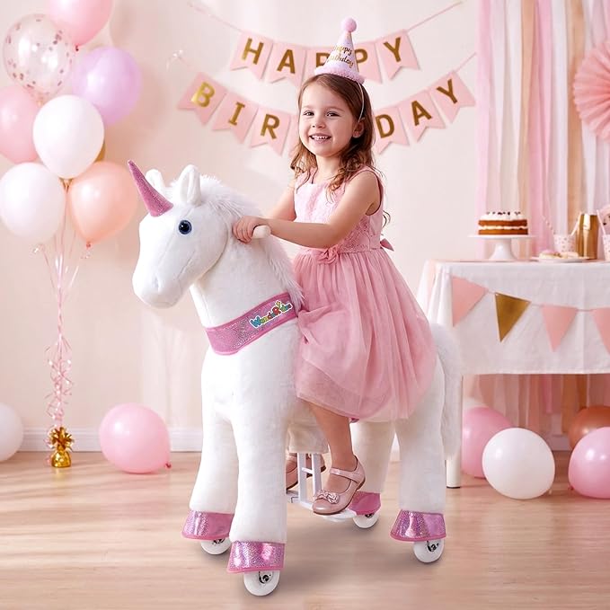 WondeRides Ride on Unicorn Horse White Pony Cycle Toy Size 4 for 4-9 Years, 36 Inch Height Riding Pony Unicorn with Wheels Mechanical Walking Rocking Plush Animal as Birthday Gifts for Children M432-1