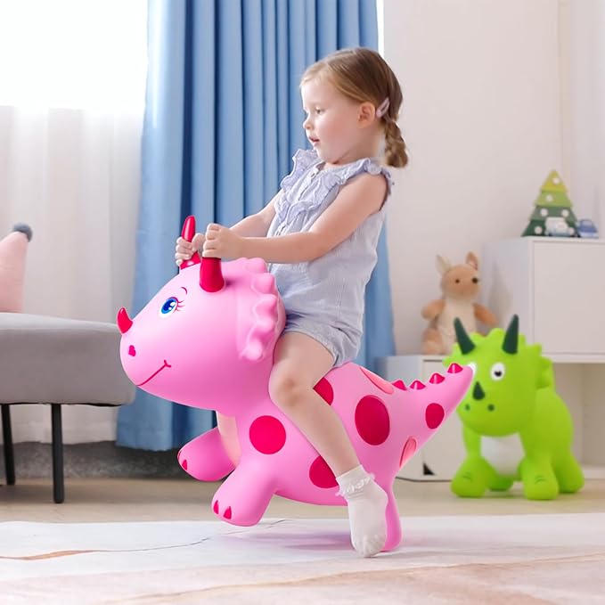Dinosaur Bouncy Animal Toys, Pink Triceratops Bouncer, Ride on Bounce Hopper for Kids 2-5 Indoor Outdoor Activity Birthday for 18 Months 2 3 4 Years Old Boys