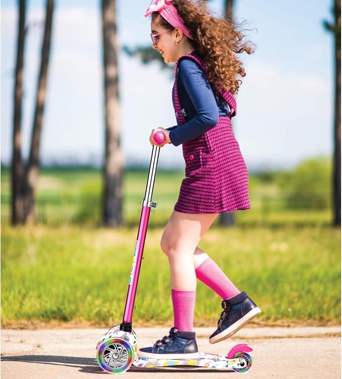 3-Wheel Kick Scooter for Kids Ages 3-8 Lean-to-Steer Toddler Scooter with Extra Wide Light Up Wheels, 4 Adjustable Heights, Foldable Scooters for Boys & Girls, Max Weight 110lbs